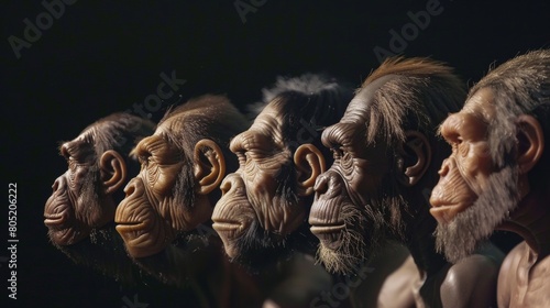 Human evolution. A study of the sequence of biological evolution of Homo sapiens. The face of a monkey, ape, ancient humans, modern humans,biology learning illustrations photo