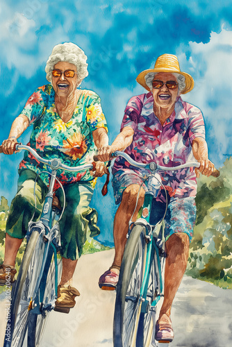 Vertical drawing with cheerful elderly women enjoying a bike ride, active strife and caring, mother's day card