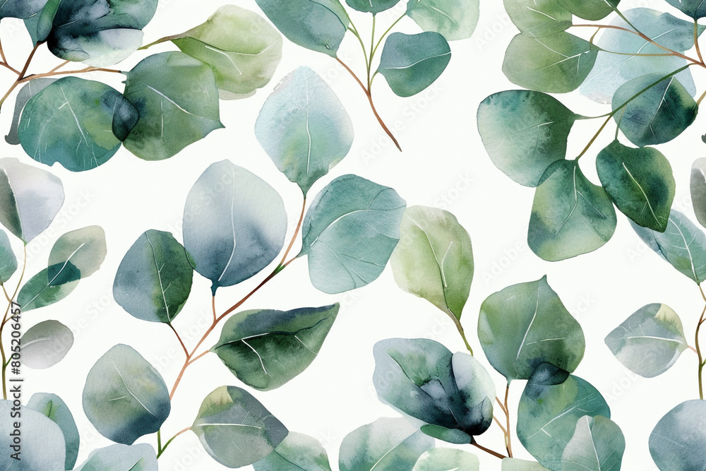 Eucalyptus Leaves, Detailed watercolor eucalyptus branches, Seamless pattern illustration Eucalyptus Leaves, Detailed watercolor eucalyptus branches, Seamless pattern illustration