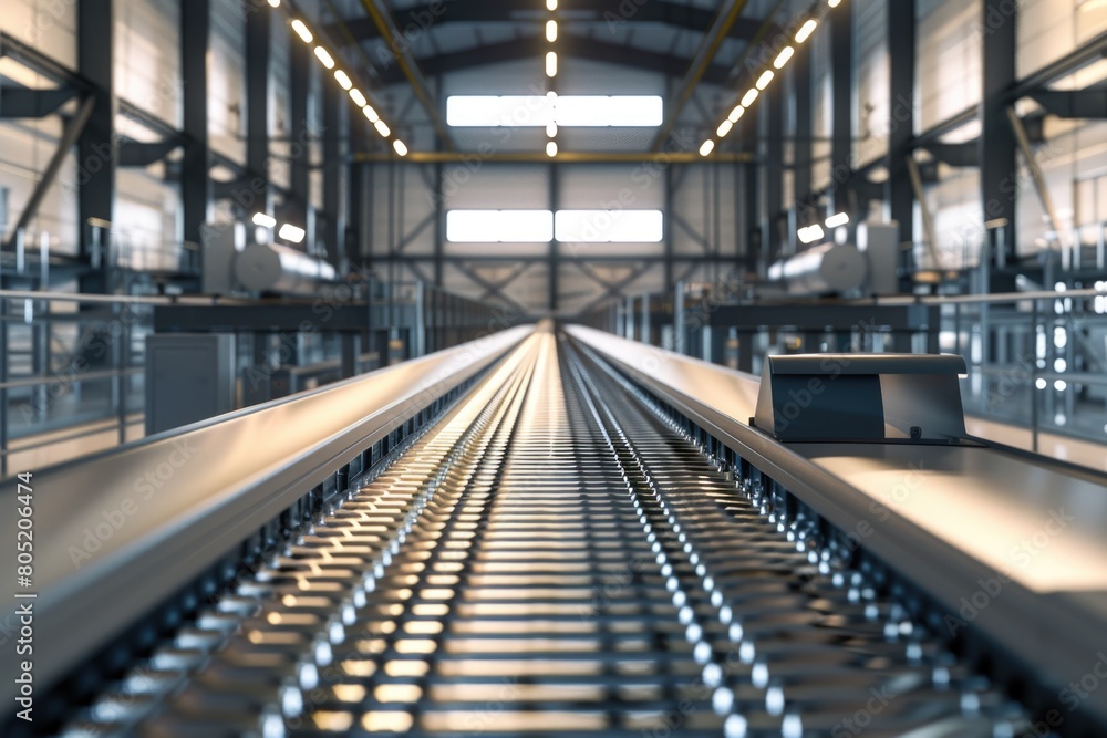 Industrial conveyor belt with bright lights, suitable for manufacturing concepts Industrial conveyor belt with bright lights, suitable for manufacturing concepts
