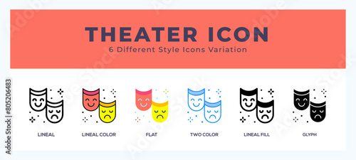 Theater icon set. outline. glyph black. flat color and filled line color