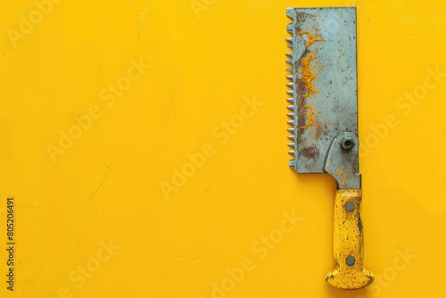 A large metal knife placed on a yellow wall. Suitable for kitchen or crime scene concepts photo
