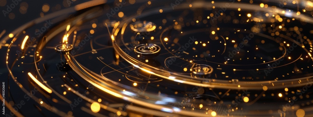 A closeup of the dark glass table, with golden circles and lines on it, creating an abstract background with geometric shapes. The entire scene is surrounded by gold foil embellishments. A closeup of the dark glass table, with golden circles and lines on it, creating an abstract background with geometric shapes. The entire scene is surrounded by gold foil embellishments.