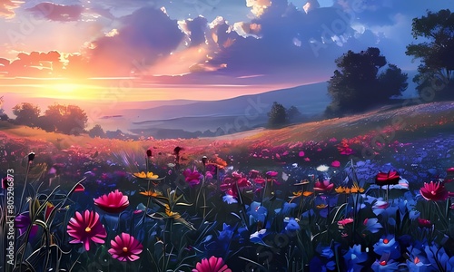 Sunrise: Majestic Wildflower Meadow in Oil Colors