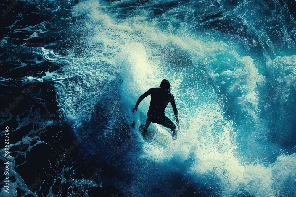 A man riding a wave on top of a surfboard. Suitable for sports and outdoor activities