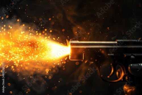 A close up image of a gun with sparks coming out. Suitable for crime or action themes photo