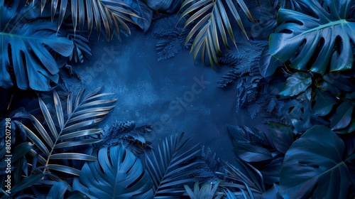 Blue and green leaves of different plants on a dark blue background.