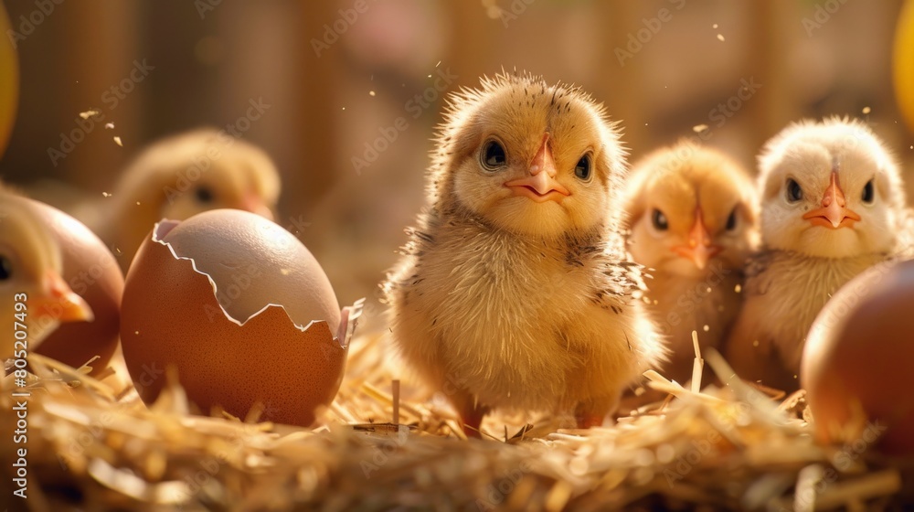 Fluffy yellow baby chicks hatching from eggs in a nest of straw with a soft focus background