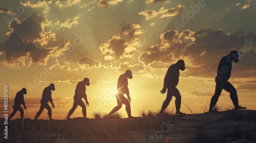 Human evolution. A study of the sequence of biological evolution of Homo sapiens. The face of a monkey, ape, ancient humans, modern humans,biology learning illustrations