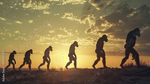 Human evolution. A study of the sequence of biological evolution of Homo sapiens. The face of a monkey, ape, ancient humans, modern humans,biology learning illustrations