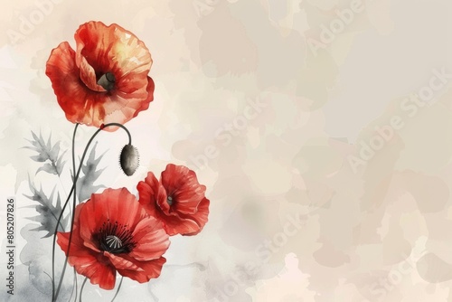 A vibrant painting of red poppies on a white background. Suitable for home decor or floral themed designs