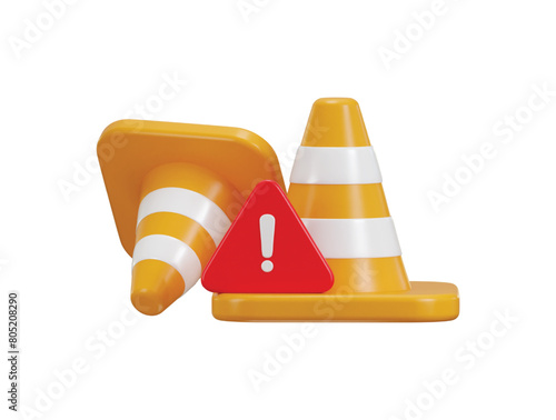 3d highway traffic cone with warning sign concept of road danger icon vector illustration