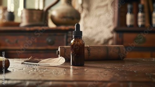 A scholarly scene with an antiquestyle small glass bottle for essential oils on an old desk, next to an open inkwell and feather quill, suggesting ancient wisdom photo