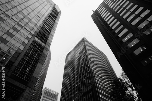 A striking black and white image of towering city buildings. Perfect for architectural and urban design projects