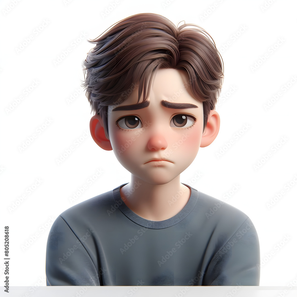 Asian cartoon character boy, young man portrait, male, Sad mood, feeling expression concept, Isolated on a white background Asian cartoon character boy, young man portrait, male, Sad mood, feeling expression concept, Isolated on a white background