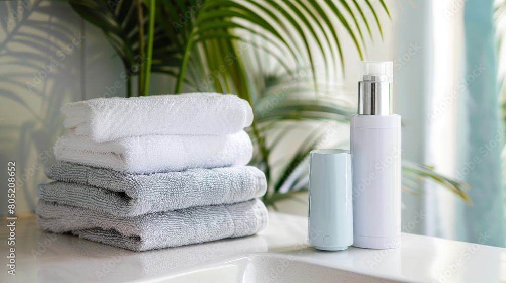A personaluse small spray atomizer placed beside a stack of spa towels, evoking a sense of wellness and personal care A personaluse small spray atomizer placed beside a stack of spa towels, evoking a sense of wellness and personal care