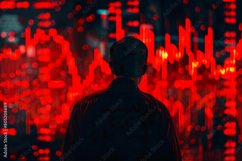 Fearful investor with a backdrop of red stock graphs, conveying panic in the trading world Fearful investor with a backdrop of red stock graphs, conveying panic in the trading world