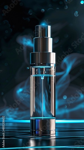 A personaluse small spray atomizer with a metallic finish, set against a hightech, glossy black background with blue light accents photo