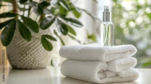 A personaluse small spray atomizer placed beside a stack of spa towels, evoking a sense of wellness and personal care photo