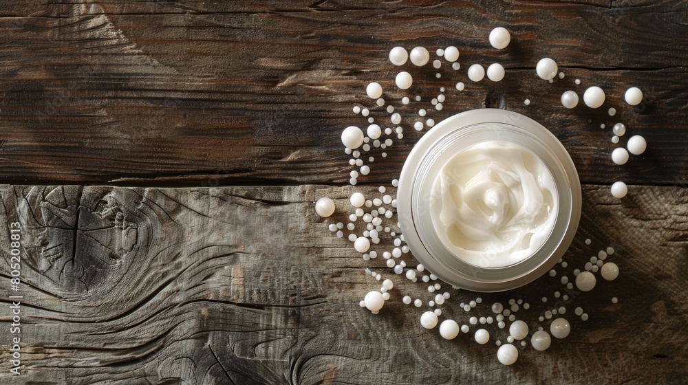 A pearl white skin cream jar surrounded by a circle of small white stones, on a dark wooden surface, conveying a spalike serenity A pearl white skin cream jar surrounded by a circle of small white stones, on a dark wooden surface, conveying a spalike serenity