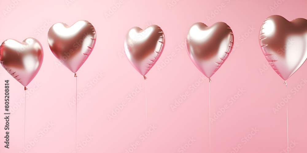 Metallic heart shaped foil balloons on a pastel pink background Love themed celebration background.