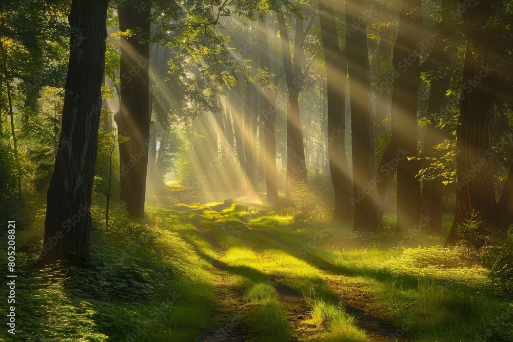 Obraz premium Magical summer scenery in a dreamy forest, with rays of sunlight beautifully illuminating the wafts of mist and painting stunning colors into the trees. High quality photo
