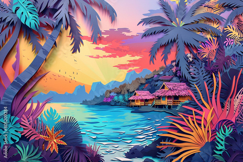 Fijis lush landscapes and traditional bure huts reimagined as a vibrant paper cut art piece Oceanias paradise captured  photo