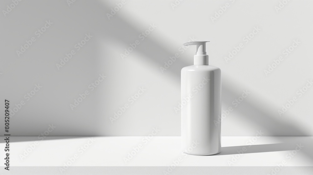 A minimalistic scene featuring a large body lotion pump bottle on a plain white background, emphasizing the clean lines and simplicity of the design A minimalistic scene featuring a large body lotion pump bottle on a plain white background, emphasizing the clean lines and simplicity of the design