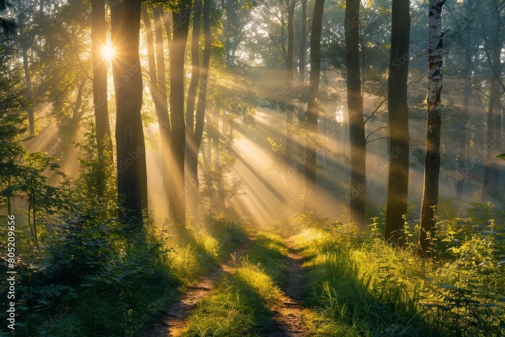 Naklejka premium Magical summer scenery in a dreamy forest, with rays of sunlight beautifully illuminating the wafts of mist and painting stunning colors into the trees. High quality photo