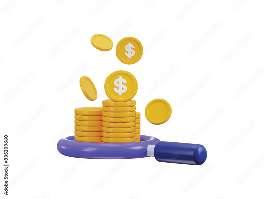magnifying glass with golden coin icon 3d render concept of business icon illustration magnifying glass with golden coin icon 3d render concept of business icon illustration
