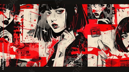 Cool grungy y2k anime manga collage set with a negative photocopy effect . Rough brutal elements for 90s vintage design. Ai generation.
