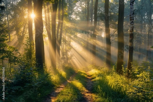 Magical summer scenery in a dreamy forest  with rays of sunlight beautifully illuminating the wafts of mist and painting stunning colors into the trees. High quality photo