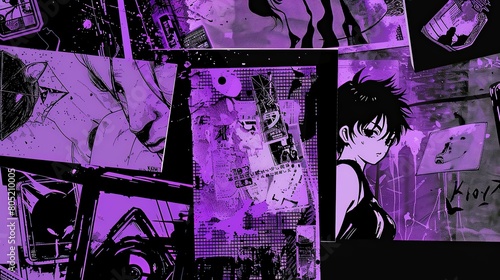 Cool grungy y2k anime manga collage set with a negative photocopy effect . Rough brutal elements for 90s vintage design. Ai generation.
