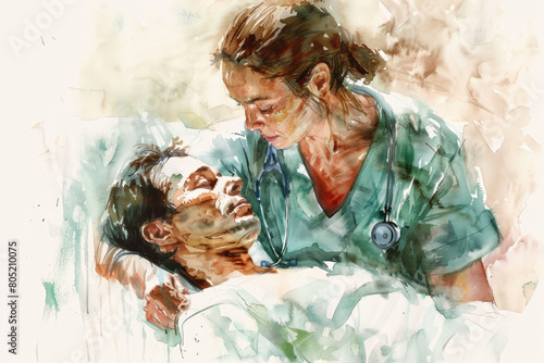 "Comforting Nurse Watercolor Illustration", International Nurses Day, hospital care, dedication and skills.