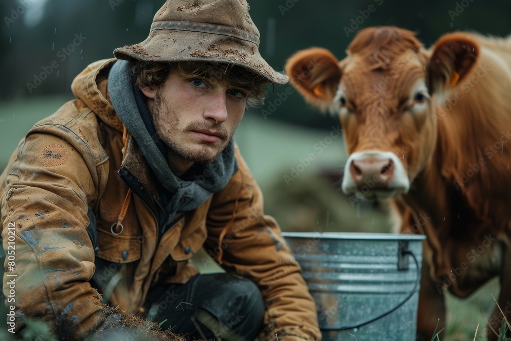 An introspective farmer with a scruffy look crouches with a cow in overcast conditions