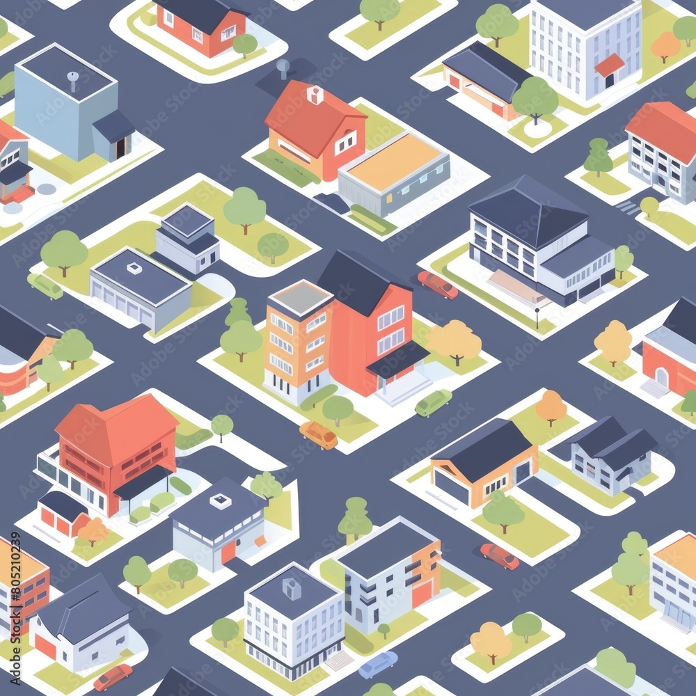 A detailed map of a city featuring buildings and trees. Ideal for urban planning projects