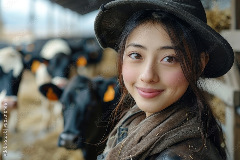 A young woman in a hat smiles at the camera with cows in the background of a farm setting A young woman in a hat smiles at the camera with cows in the background of a farm setting