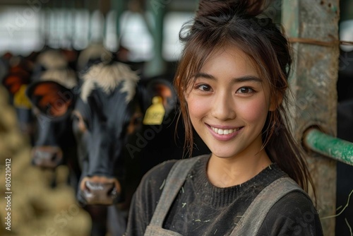 A cheerful young Asian woman with cattle in stable, wearing overalls and a cap © Larisa AI