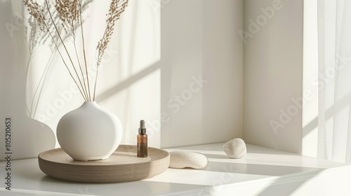 A minimalist arrangement of an aromatherapy oil set with a stone diffuser on a sleek, white surface, emphasizing the purity and simplicity of the set photo