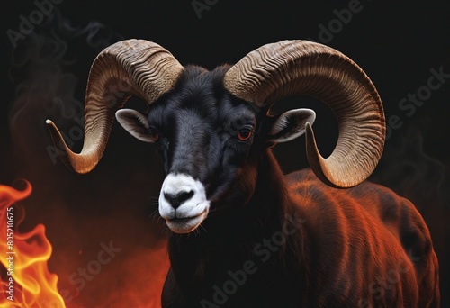 Portrait of a ram on a dark background with fire and smoke
