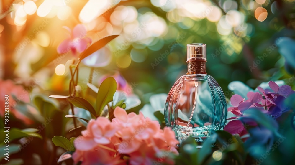 A luxurious colored glass bottle with a spray pump for perfumes, elegantly placed on a mirrored vanity alongside crystal ornaments and soft lighting A luxurious colored glass bottle with a spray pump for perfumes, elegantly placed on a mirrored vanity alongside crystal ornaments and soft lighting
