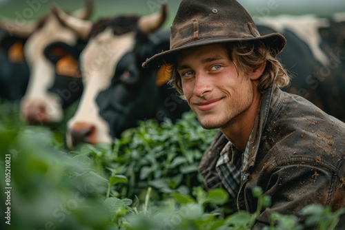 Confident young farmhand smiling at the camera with dairy cows in rural farmland