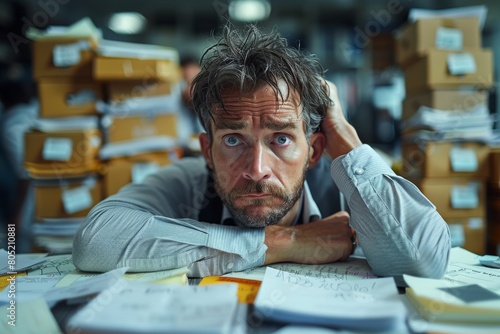 Stressed man with disheveled hair is surrounded by an overwhelming amount of paperwork photo