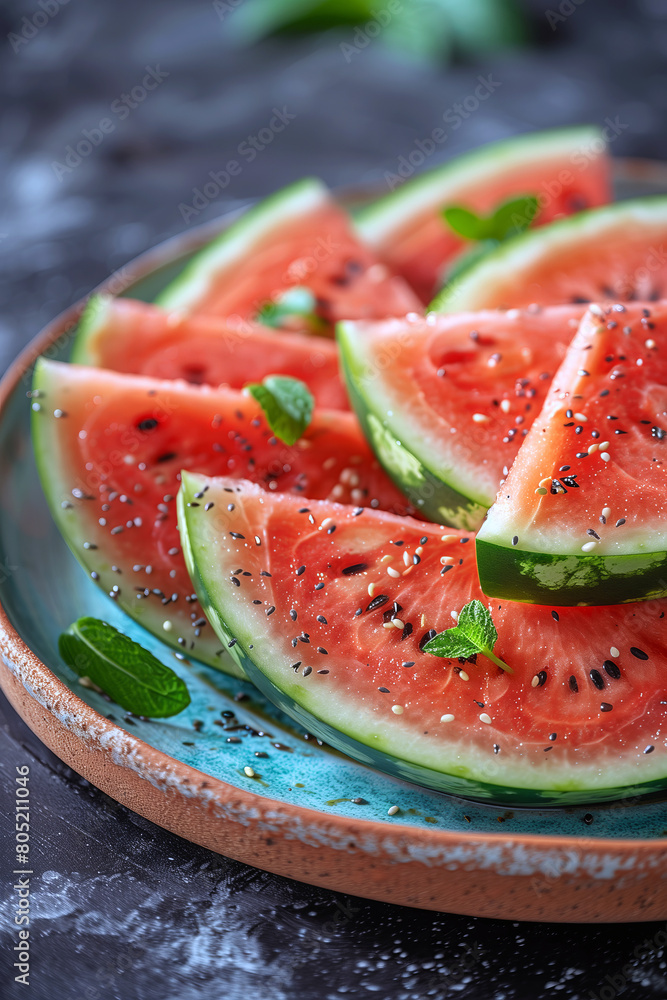 Closer-up of ripe and juicy watermelon slices on a plate. Closer-up of ripe and juicy watermelon slices on a plate.