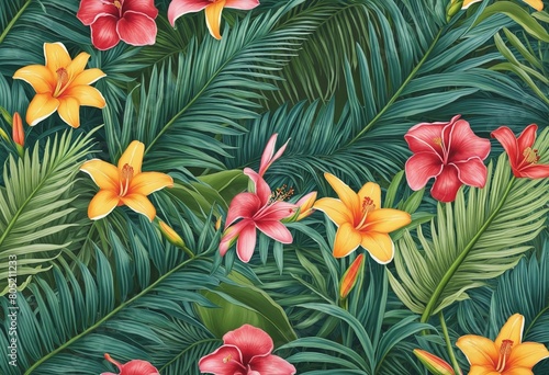 Colorful vibrant floral background frame of tropical plants and flowers
