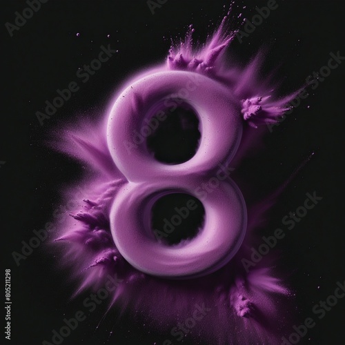 Number 8 - Purple powder explosion isolated on black background - EIGHT - Vibrant purple color contrasting with a black background - Purple dust burst
