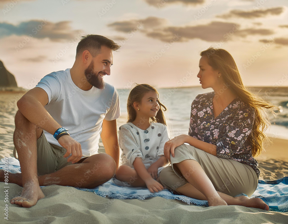 Parents and child relaxing on the beach, family picnic. Parents and child relaxing on the beach, family picnic.