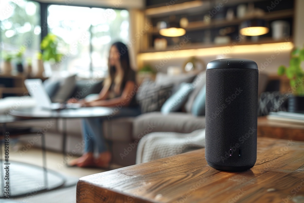 Modern black smart speaker on wooden table forefront, with a woman on laptop in a cozy and trendy home interior