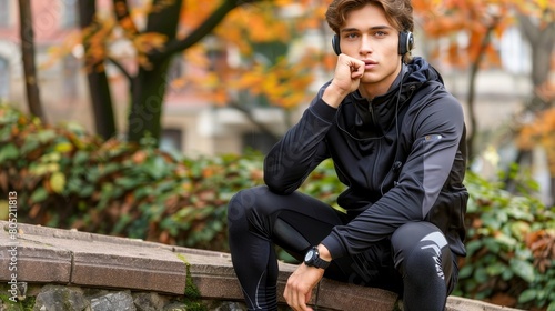 Young athlete immersed in outdoor sports activity, listening to music with headphones