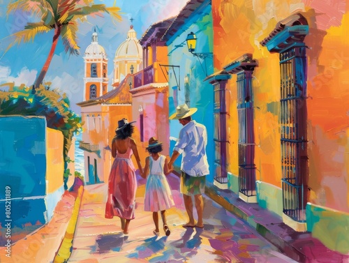Family engaging with one another in a city environment with colonial or colorful architecture as the backdrop  © imlane
